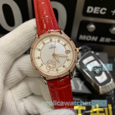 Copy Omega Water Resistant Ladies Watch Rose Gold Diamond Bezel